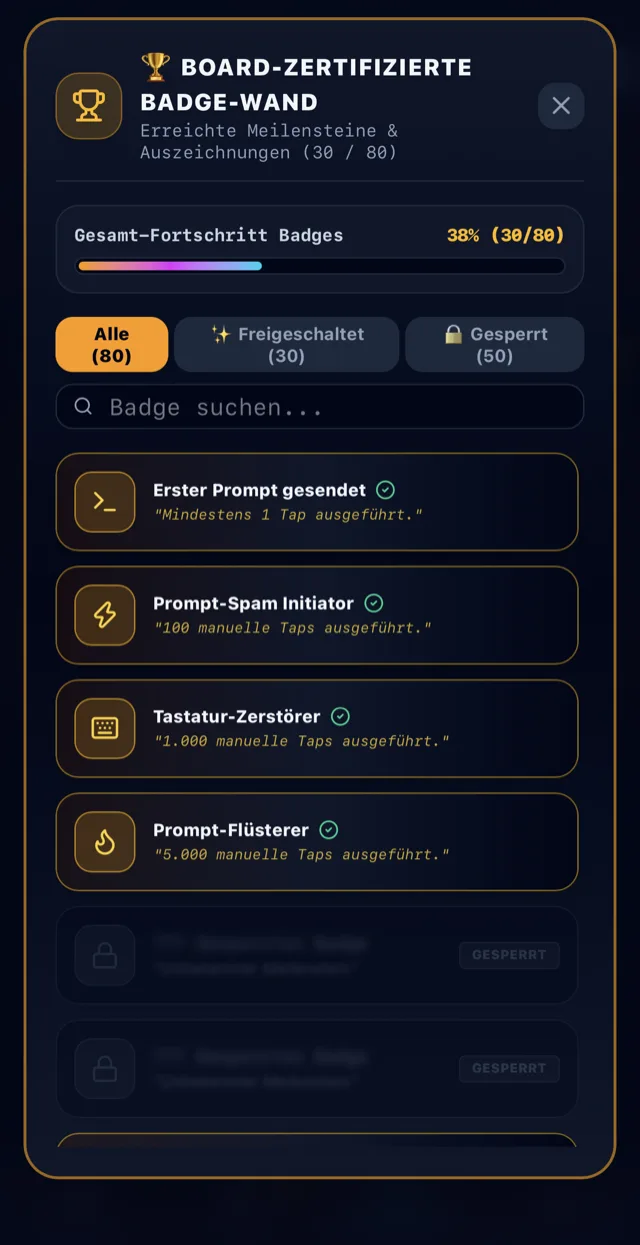 Board-zertifizierte Badge-Wand mit 30 von 80 freigeschalteten Erfolgen, darunter Erster Prompt gesendet und Tastatur-Zerstörer
