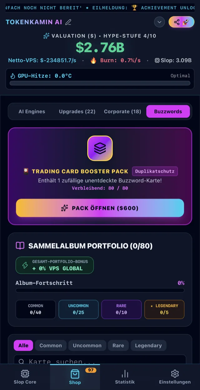 Buzzword-Bereich der App mit Booster-Pack und Sammelalbum
