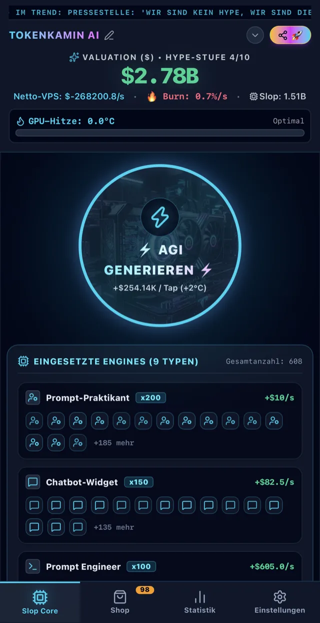 Tokenkamin: AI Clicker auf dem iPhone – Slop Core mit AGI-Kern und Engines