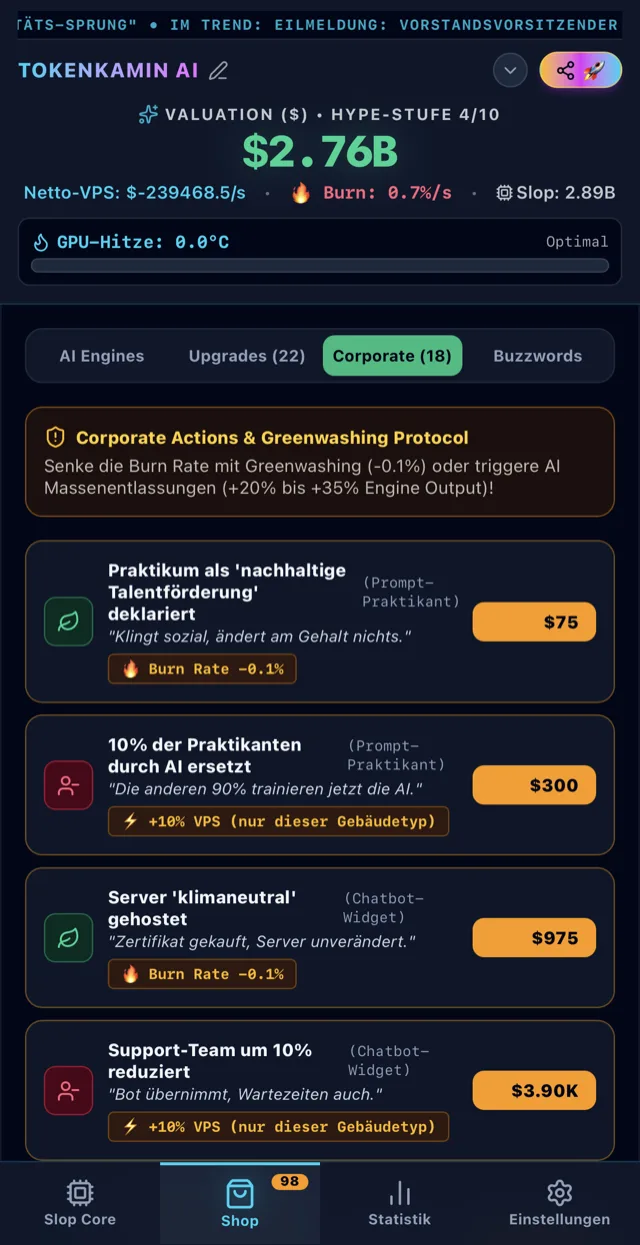 Corporate-Actions-Liste mit Greenwashing- und Layoff-Maßnahmen für Prompt-Praktikant und Chatbot-Widget