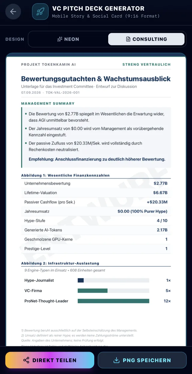 VC-Pitch-Deck-Generator in der App mit Bewertungsgutachten