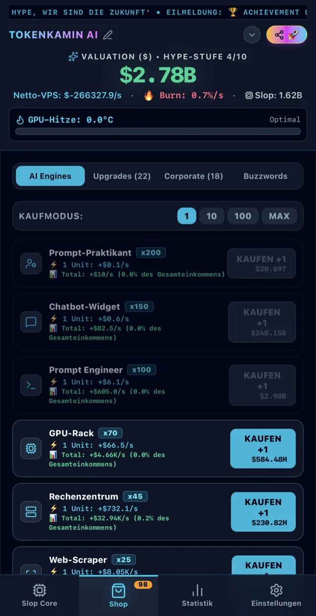 Shop-Ansicht mit den AI Engines Prompt-Praktikant, Chatbot-Widget, Prompt Engineer, GPU-Rack und Rechenzentrum samt Kaufmodus