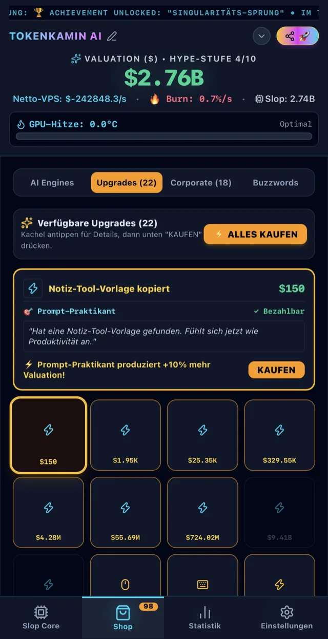 Upgrade-Kacheln im Shop mit geöffneter Detailkarte „Notiz-Tool-Vorlage kopiert“ für 150 Dollar