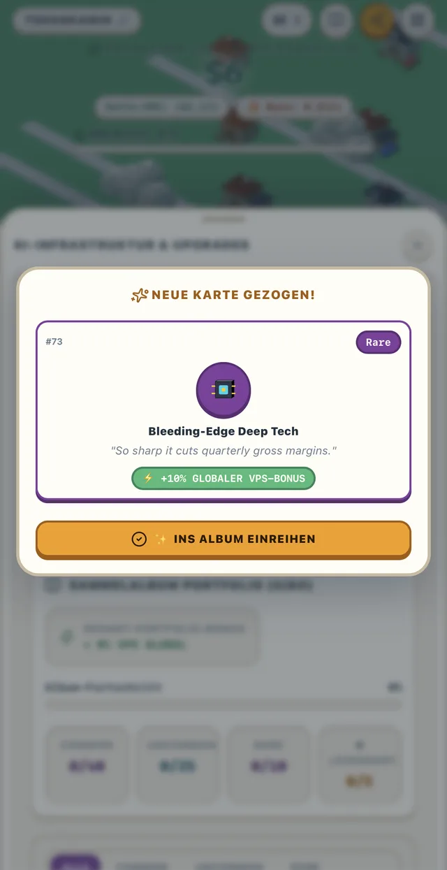 Neu gezogene Buzzword-Karte „Bleeding-Edge Deep Tech“ (Rare) mit +10 % globalem VPS-Bonus