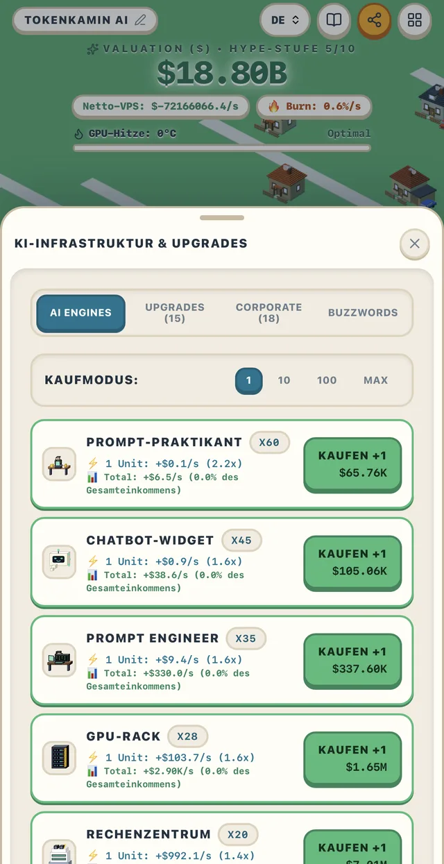 KI-Infrastruktur-Modal mit den AI Engines Prompt-Praktikant, Chatbot-Widget, Prompt Engineer, GPU-Rack und Rechenzentrum samt Kaufmodus