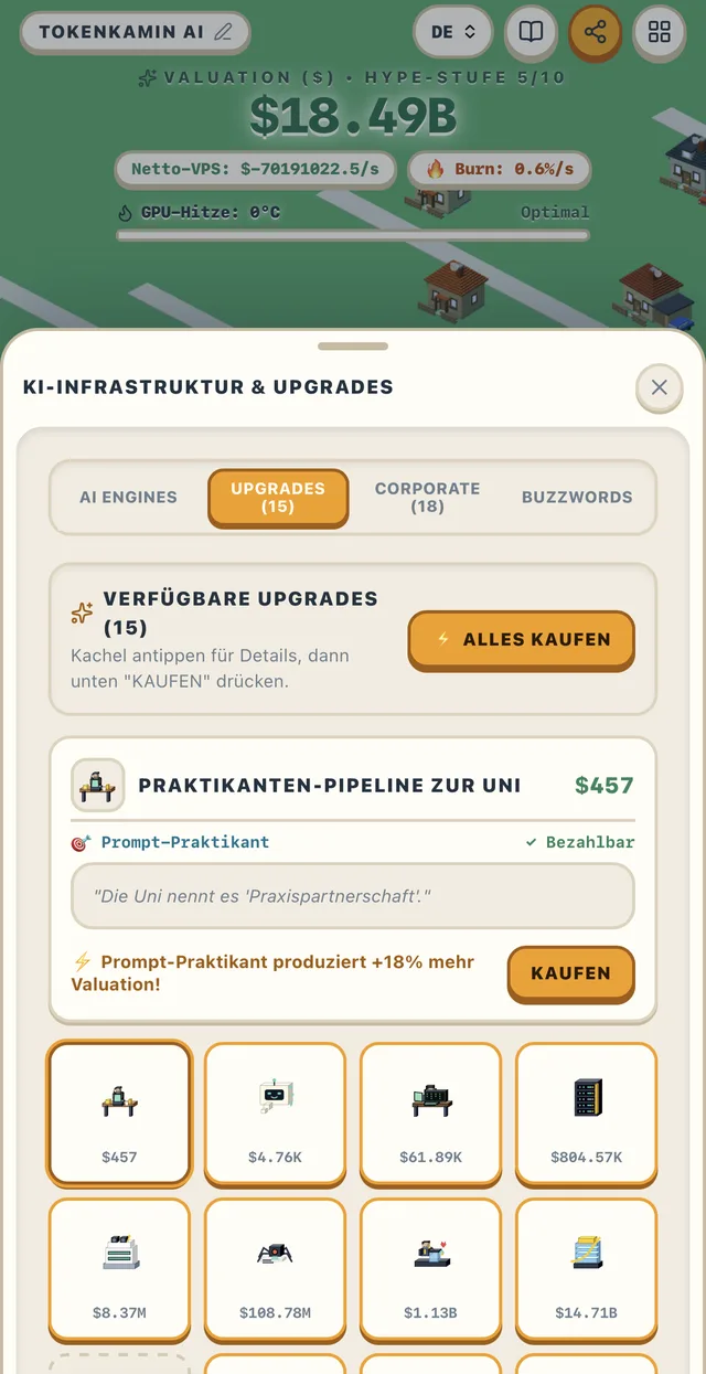 Upgrade-Kacheln im Shop mit geöffneter Detailkarte „Praktikanten-Pipeline zur Uni“ für 457 Dollar