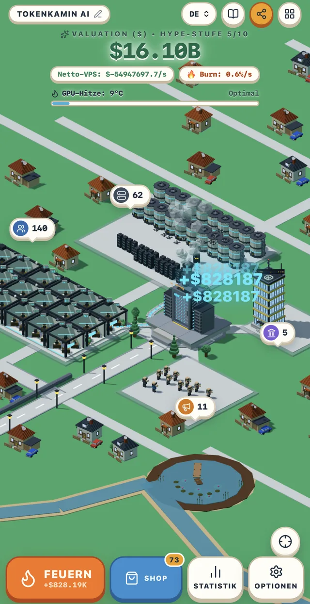 Tokenkamin: AI Clicker auf dem iPhone – 3D-Voxel-Dorfkarte mit Rechenzentren, Häusern und Fluss